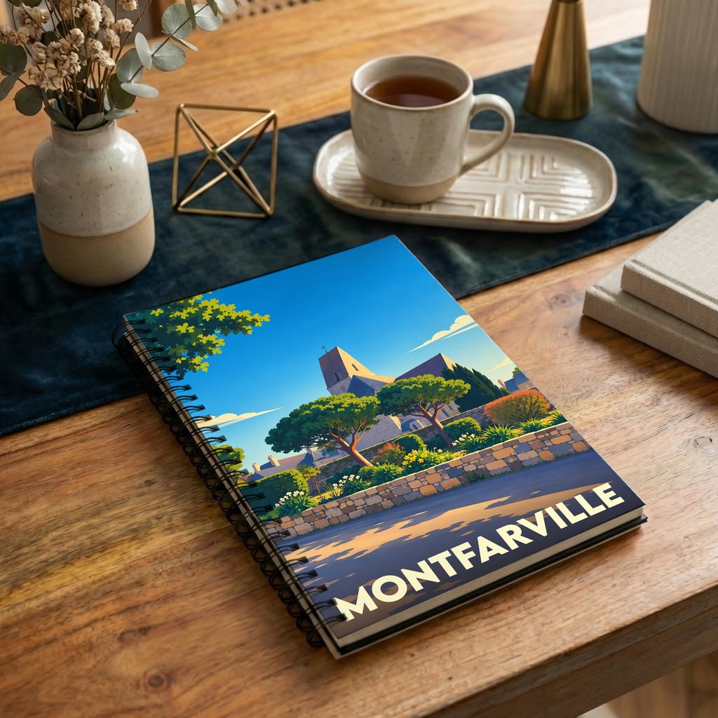 Carnet à spirales souvenir de la ville de Montfarville avec une illustration stylisée de son église.