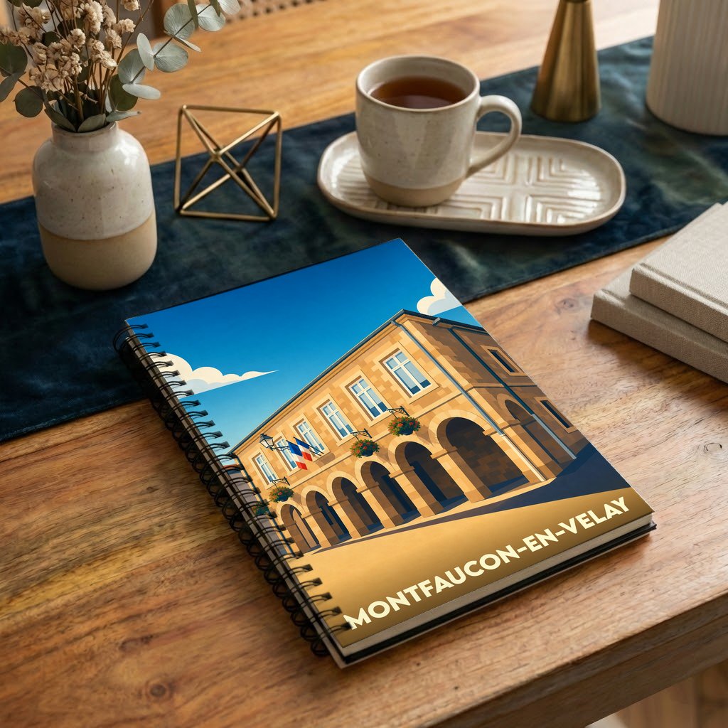 Carnet souvenir de la ville de Montfaucon-en-Velay avec une illustration stylisée de son architecture.