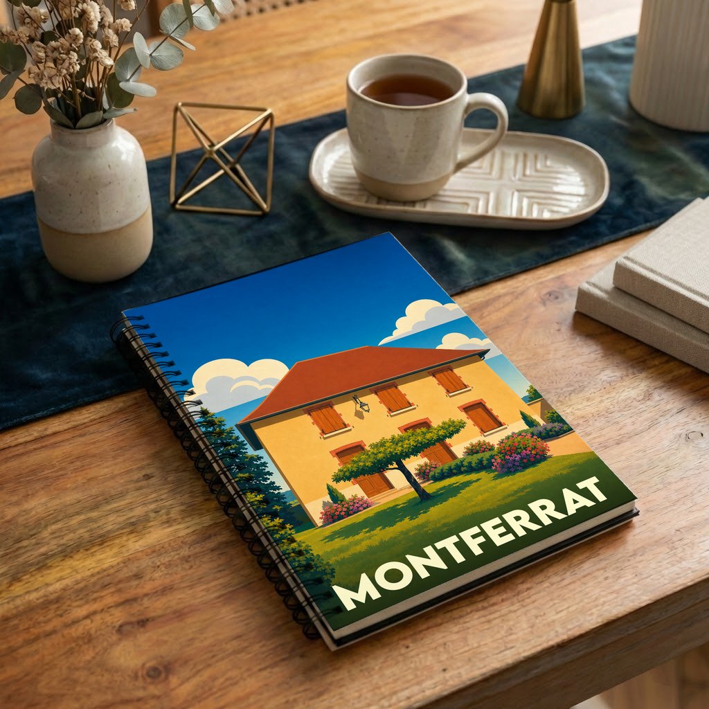 Carnet à spirales souvenir de la ville de Montferrat avec une illustration stylisée d'une maison provençale.