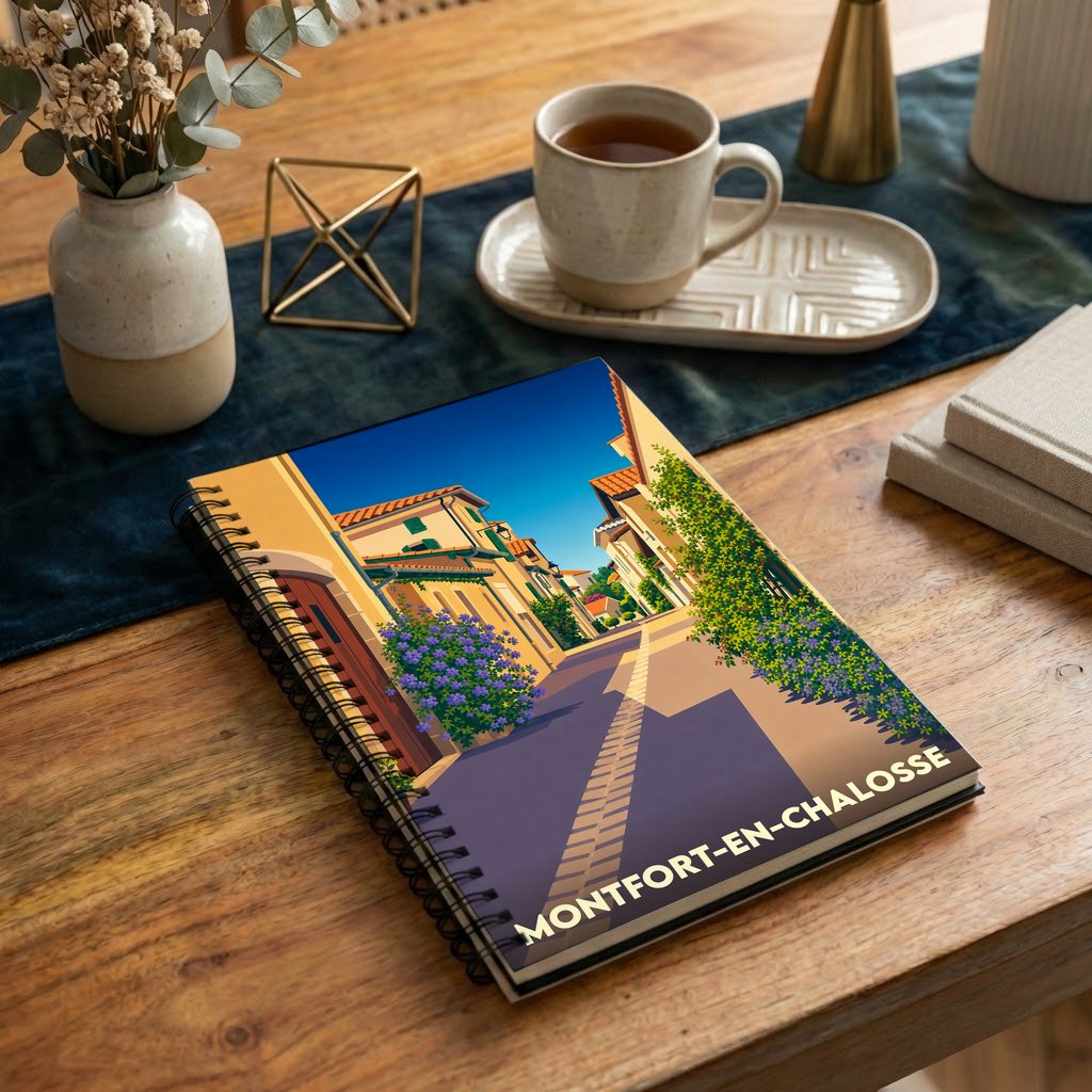 Carnet à spirales souvenir de la ville de Montfort-en-Chalosse avec une illustration stylisée.