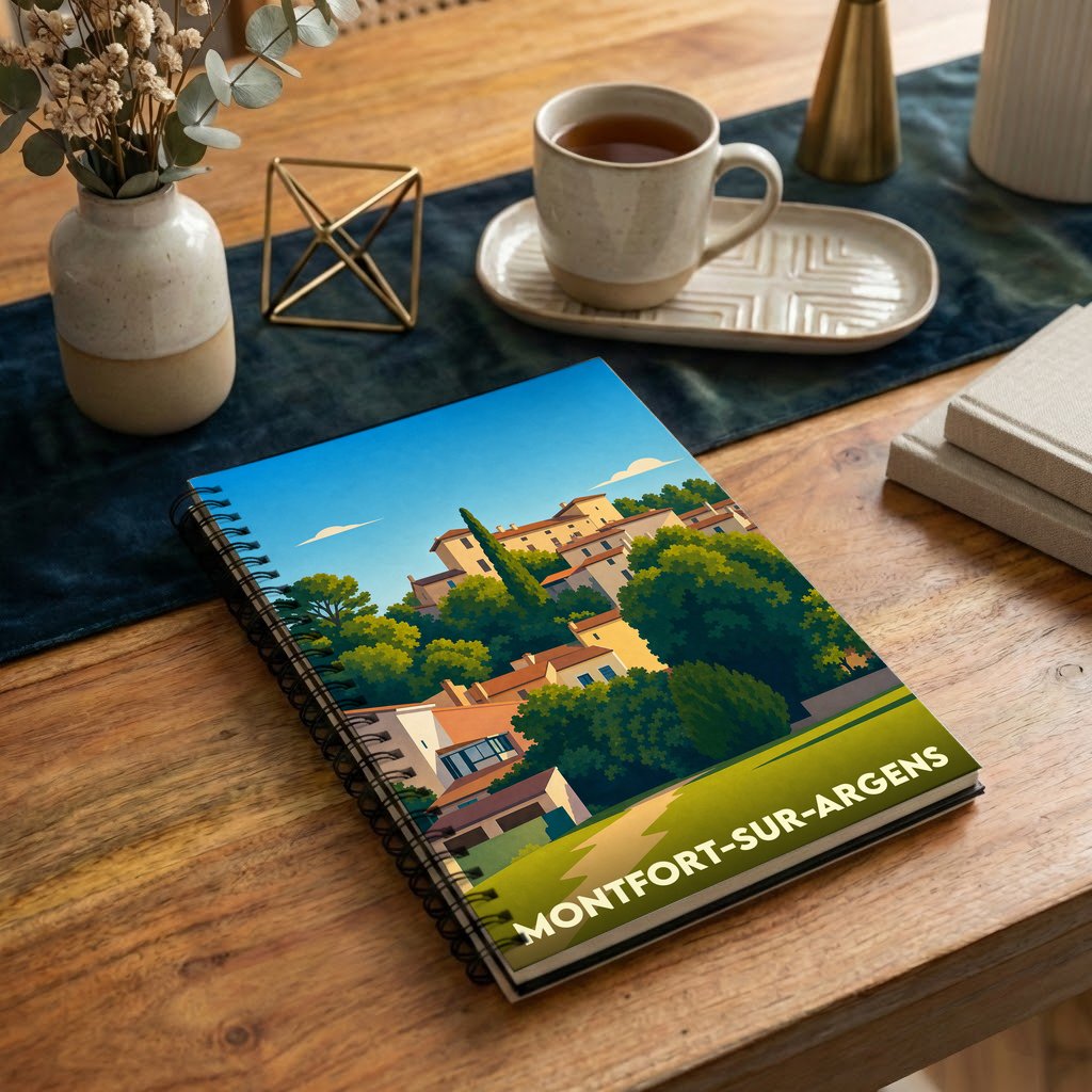 Carnet à spirales souvenir de la ville de Montfort-sur-Argens avec une illustration stylisée de ses maisons provençales.