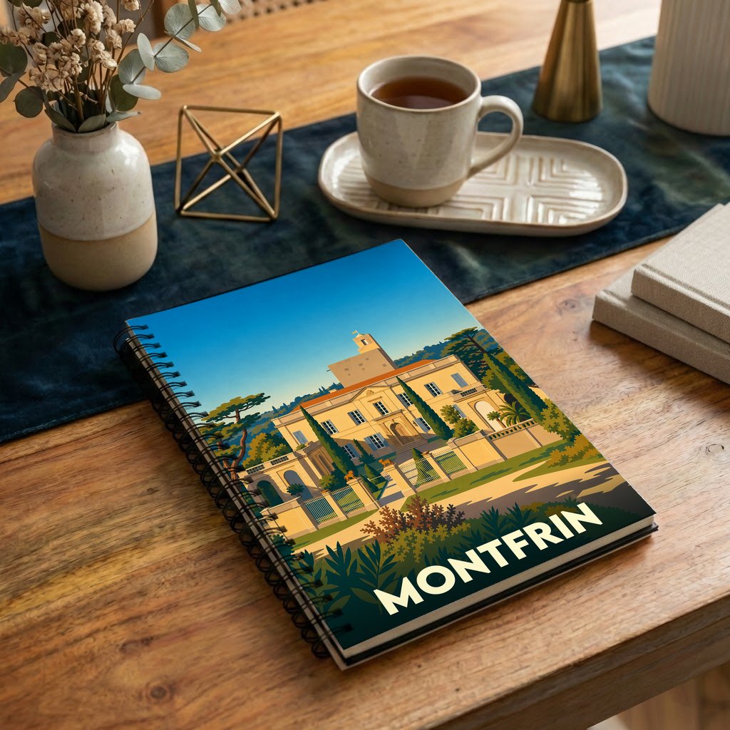 Carnet à spirales souvenir de la ville de Montfrin orné d'une illustration stylisée de son château.