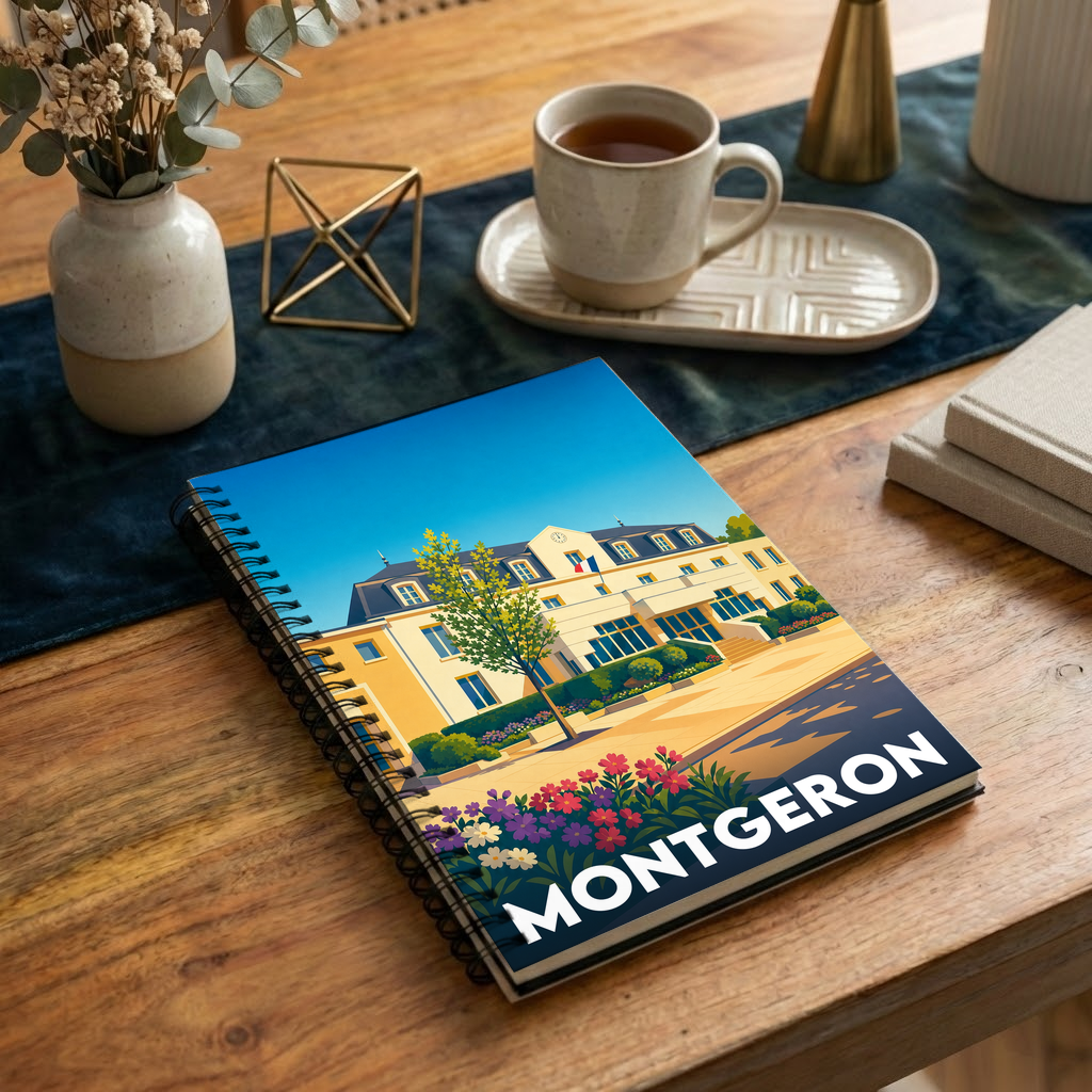 Carnet souvenir de la ville de Montgeron illustré par un dessin stylisé de son hôtel de ville.