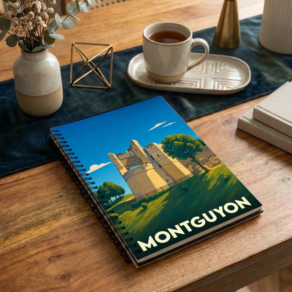 Carnet de notes souvenir de la ville de Montguyon avec une illustration stylisée de son château.