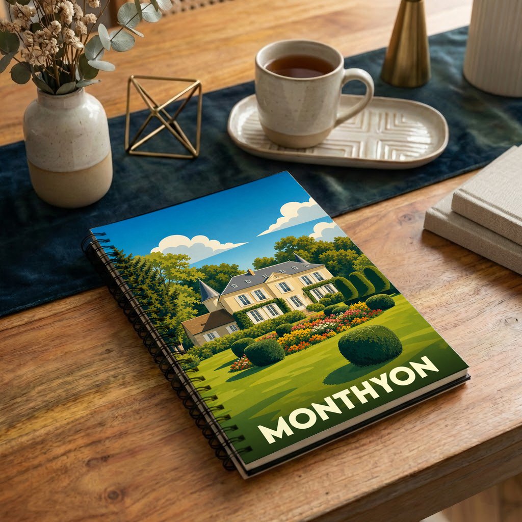 Carnet de notes à spirales souvenir de la ville de Monthyon avec une illustration stylisée d'un manoir et ses jardins.