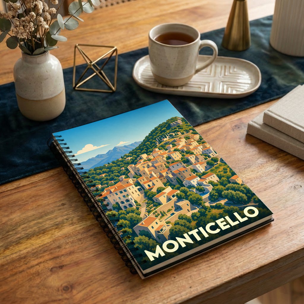 Carnet à spirales souvenir de la ville de Monticello avec une illustration stylisée d'un village perché.