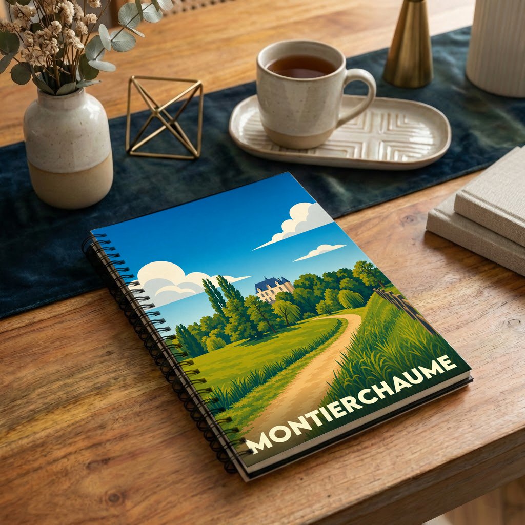 Carnet à spirales souvenir de la ville de Montierchaume avec une illustration de paysage stylisée.