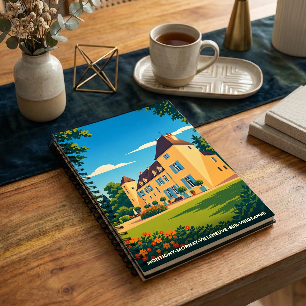 Carnet à spirales souvenir de Montigny-Mornay-Villeneuve-sur-Vingeanne avec une illustration stylisée de son château.