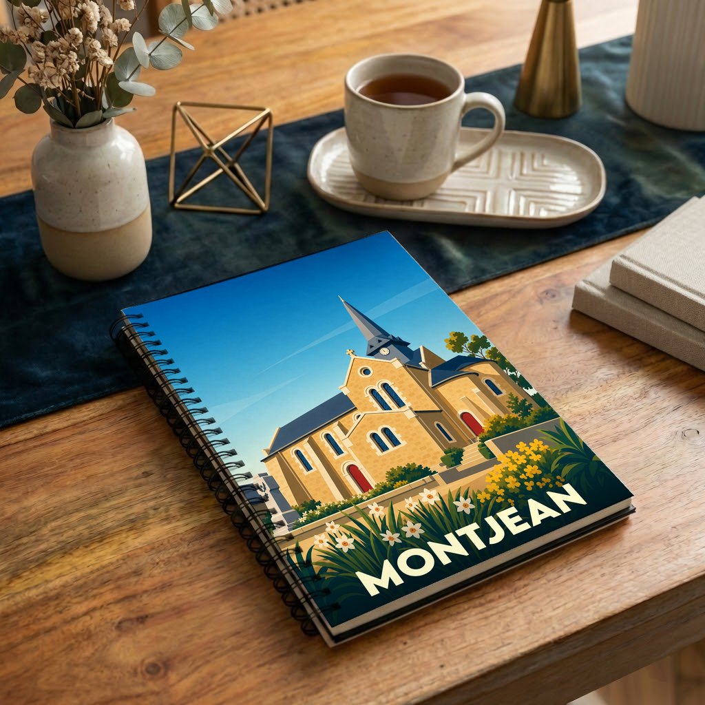 Carnet souvenir de la ville de Montjean avec une illustration stylisée de son église.