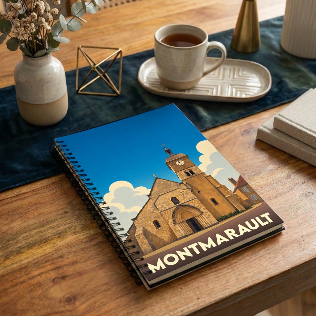 Carnet souvenir de la ville de Montmarault avec une illustration stylisée de son église.
