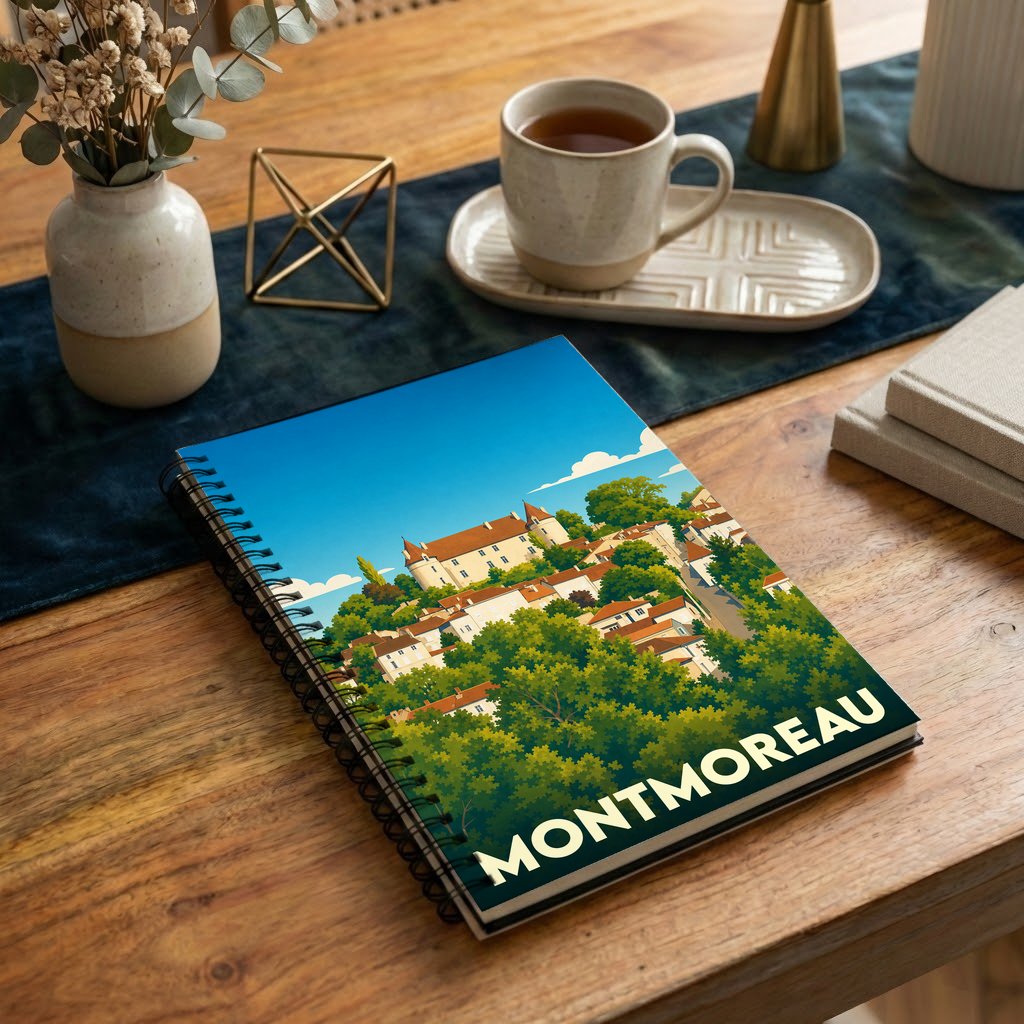 Carnet à spirales souvenir de la ville de Montmoreau avec une illustration stylisée de son château et ses collines.