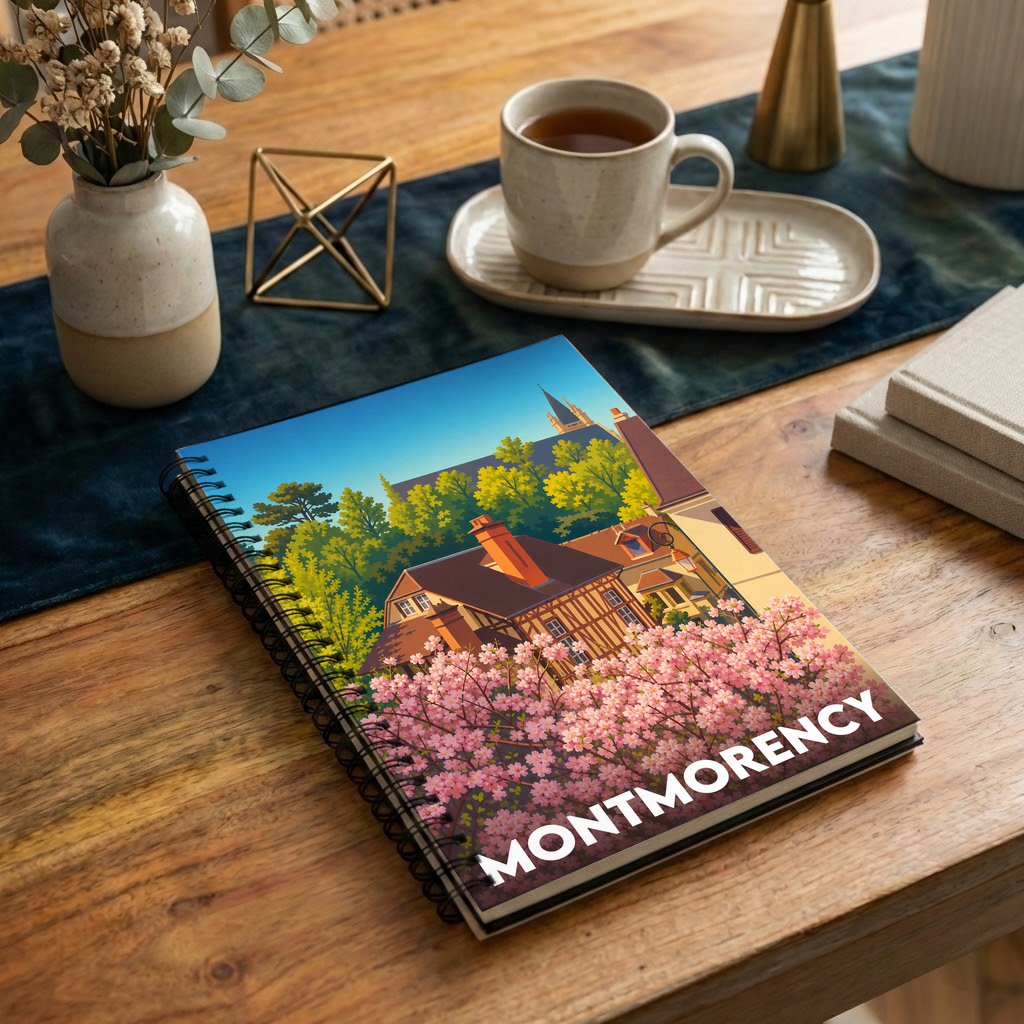 Carnet souvenir de la ville de Montmorency avec une illustration stylisée de maisons et de cerisiers en fleurs.