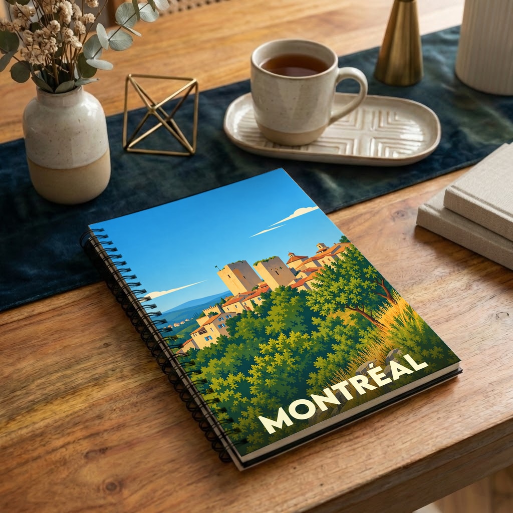 Carnet à spirales souvenir de la ville de Montréal avec une illustration stylisée de son patrimoine médiéval.
