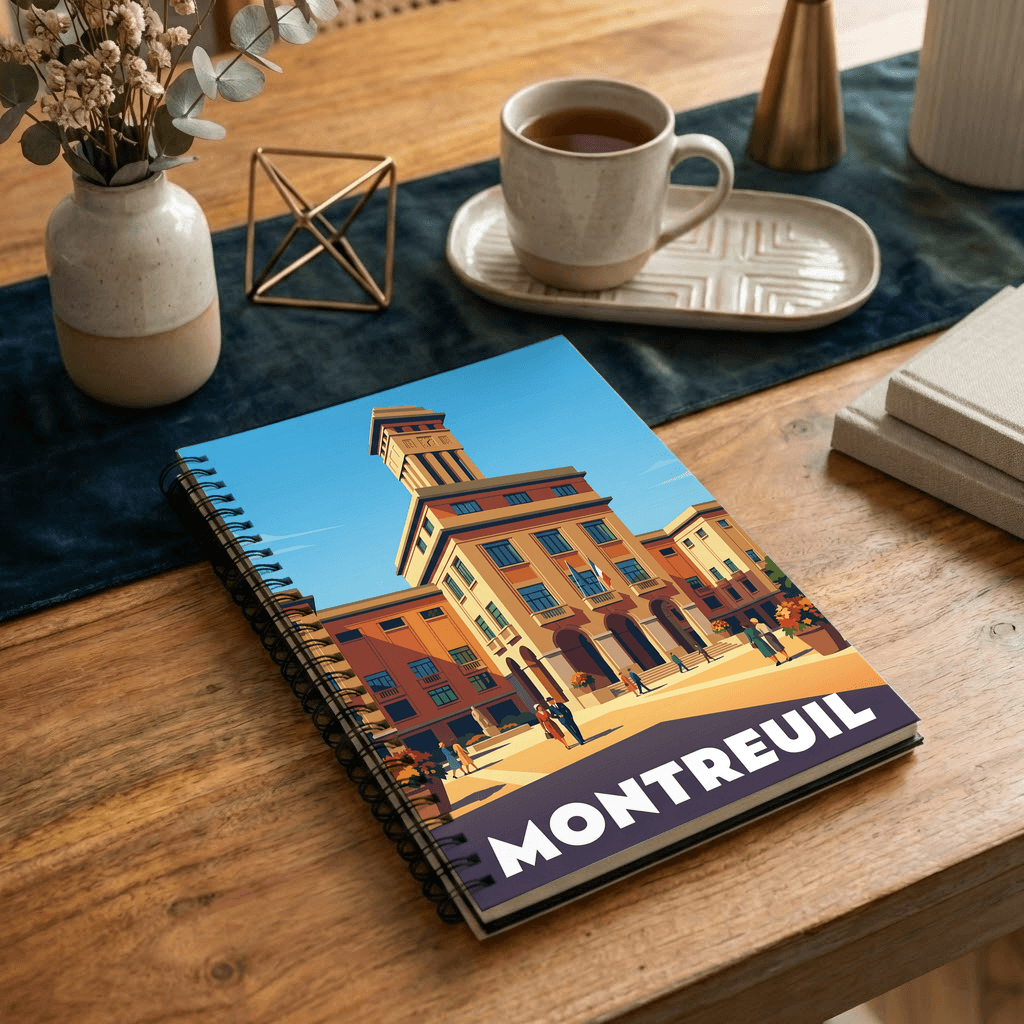 Carnet souvenir de la ville de Montreuil avec une illustration stylisée de son hôtel de ville.