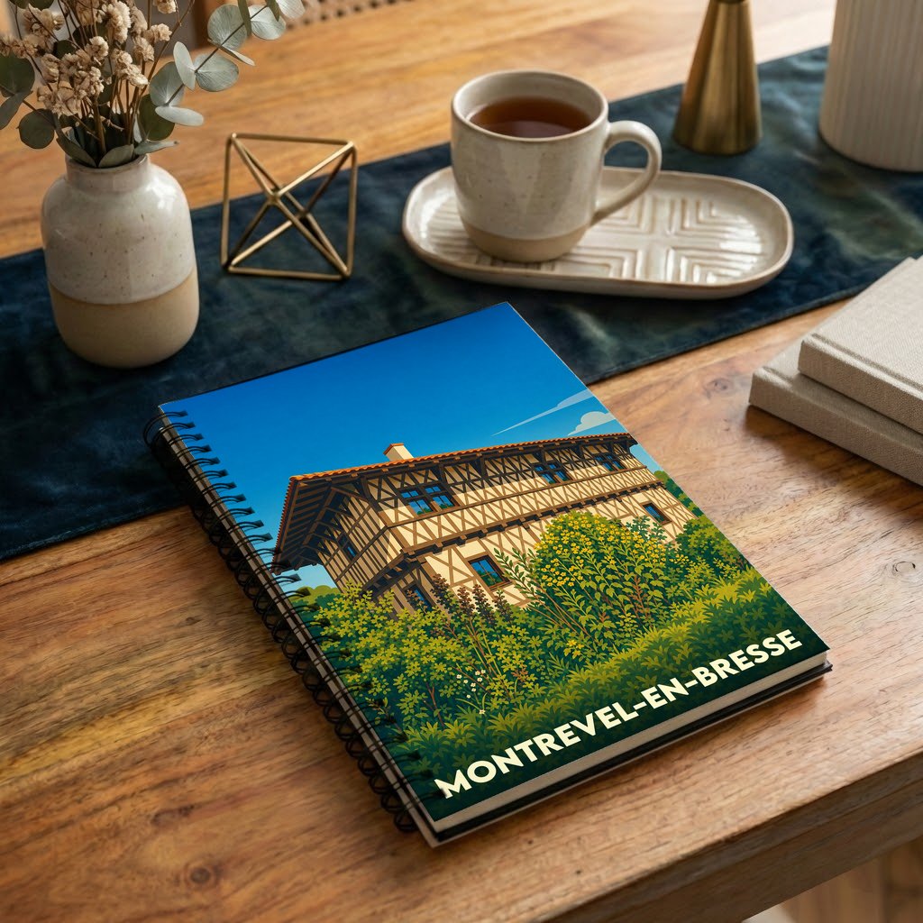 Carnet à spirales souvenir de la ville de Montrevel-en-Bresse avec une illustration stylisée d'une maison à colombages.