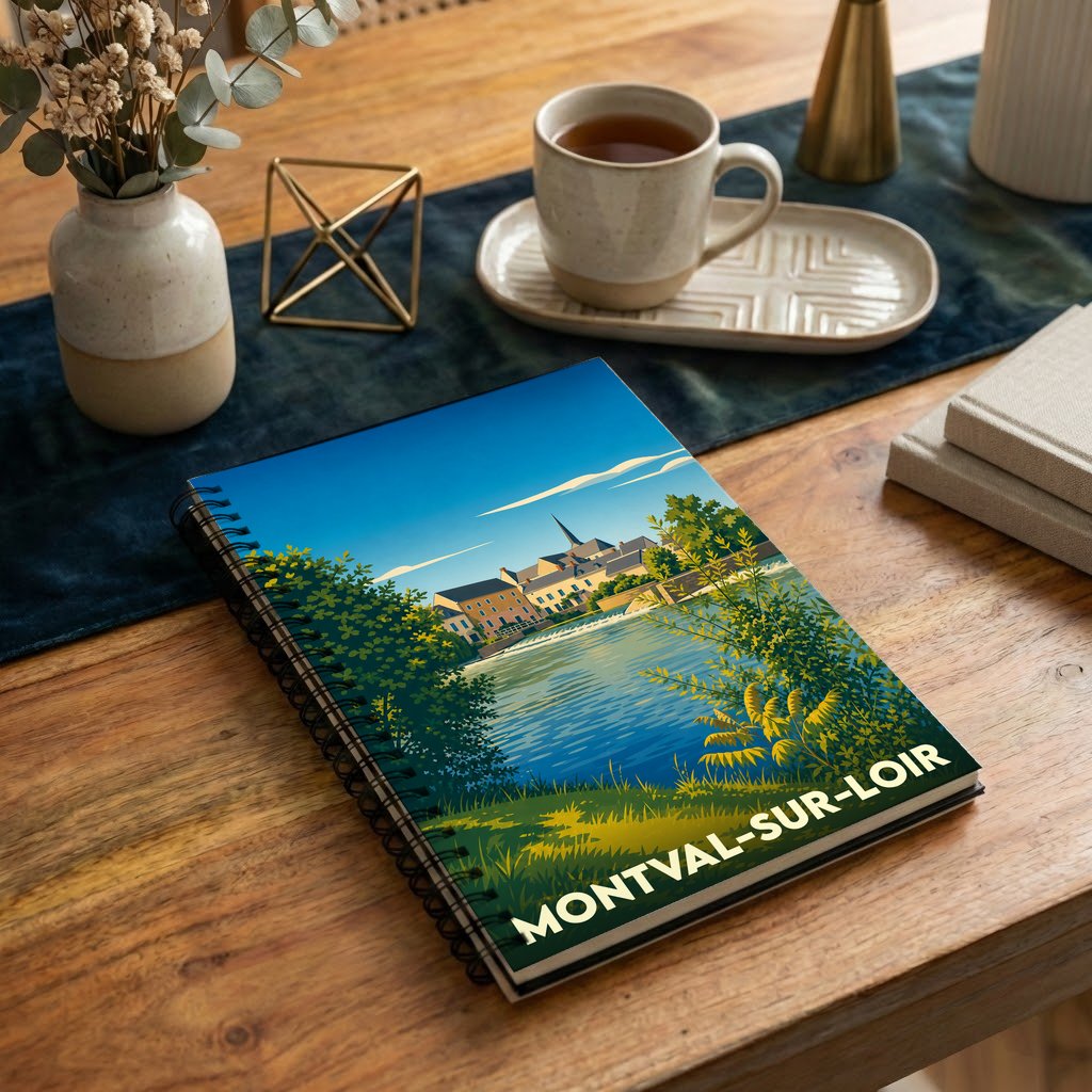 Carnet à spirales souvenir de la ville de Montval-sur-Loir avec une illustration stylisée d'un paysage fluvial.