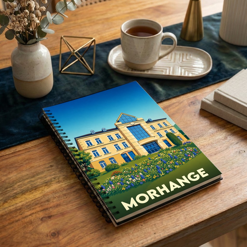 Carnet souvenir de la ville de Morhange avec une illustration stylisée de son hôtel de ville.