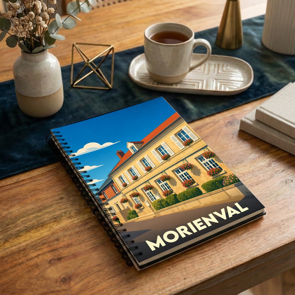 Carnet à spirales souvenir de la ville de Morienval avec une illustration stylisée d'un bâtiment fleuri.