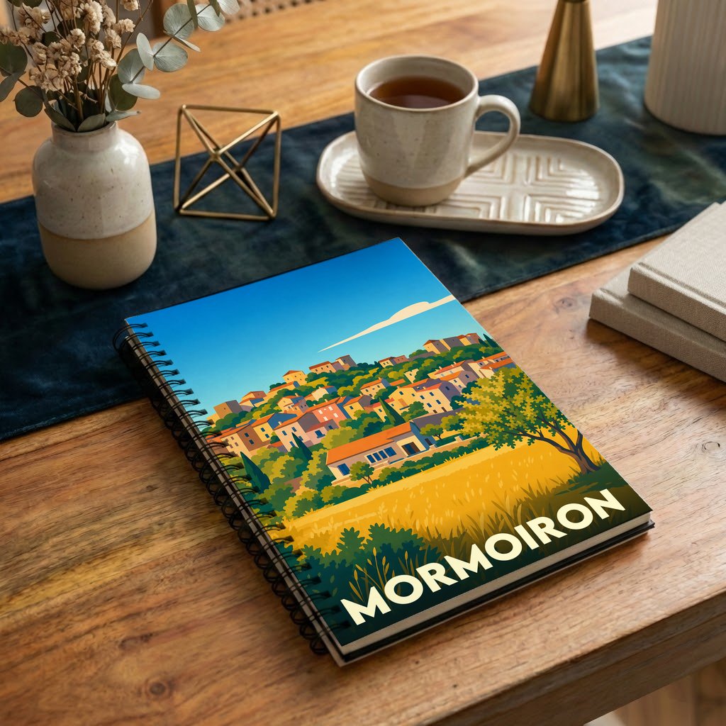 Carnet souvenir de la ville de Mormoiron avec une illustration stylisée et colorée de son paysage provençal.
