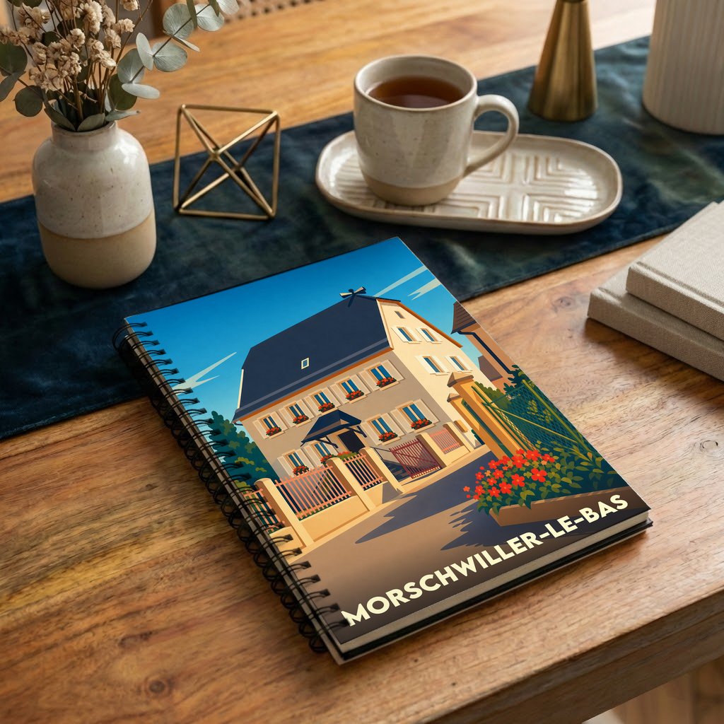 Carnet souvenir de la ville de Morschwiller-le-Bas avec une illustration stylisée d'une maison alsacienne.