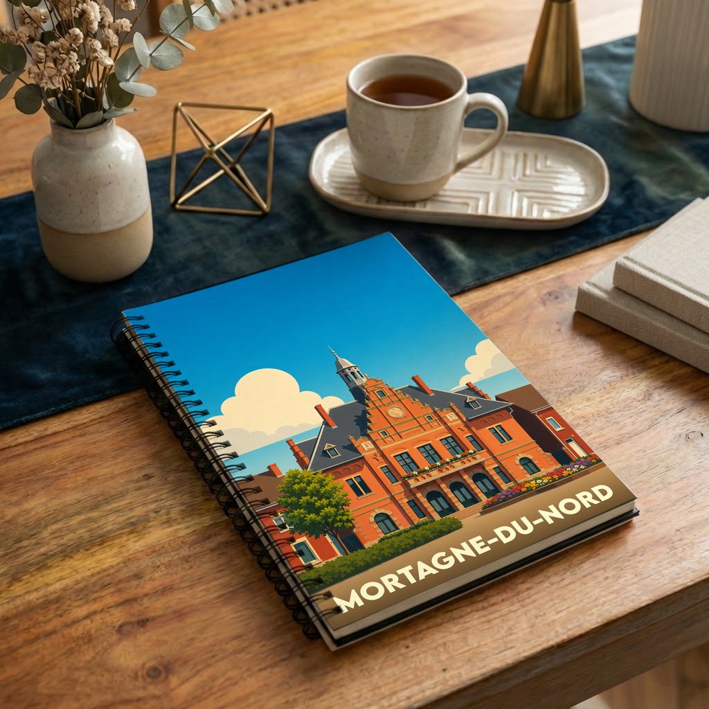Carnet à spirales souvenir de la ville de Mortagne-du-Nord avec une illustration stylisée de son hôtel de ville.