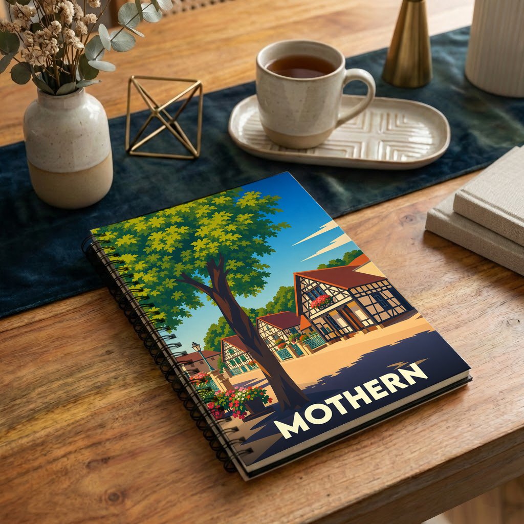 Carnet à spirales souvenir de la ville de Mothern avec une illustration stylisée de maisons à colombages.