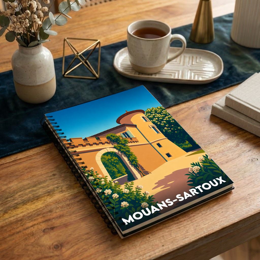 Carnet souvenir de la ville de Mouans-Sartoux avec une illustration stylisée de son château.