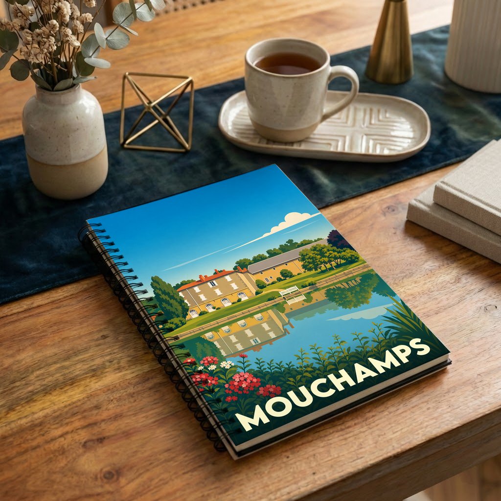 Carnet à spirales souvenir de la ville de Mouchamps avec une illustration stylisée d'un paysage au bord de l'eau.