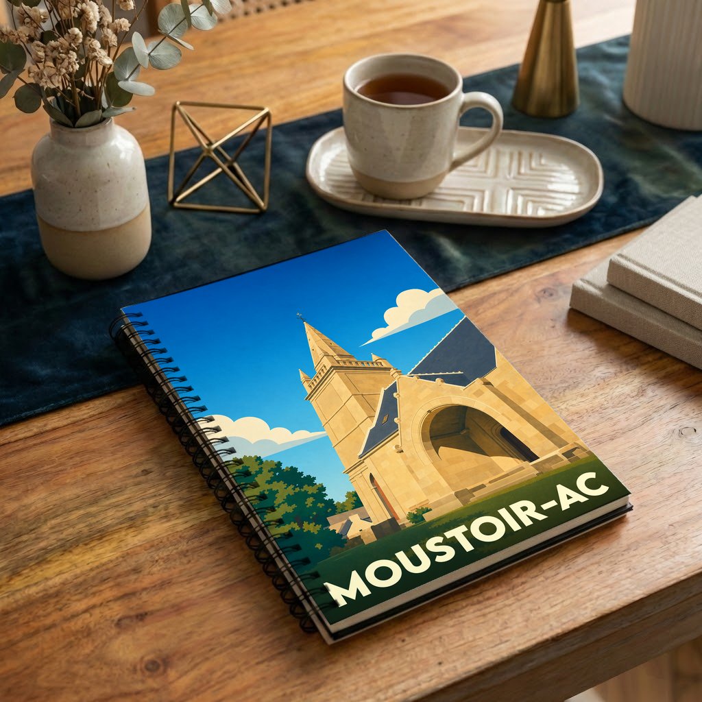 Carnet de notes à spirales souvenir de Moustoir-Ac avec une illustration stylisée de son église sous un ciel bleu.