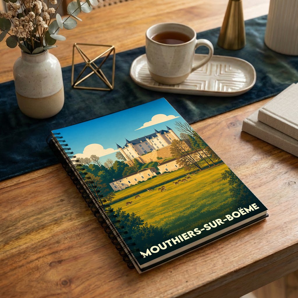 Carnet à spirales souvenir de la ville de Mouthiers-sur-Boëme avec une illustration stylisée de son château.