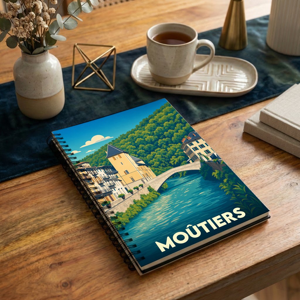 Carnet souvenir de la ville de Moûtiers avec une illustration stylisée d'un pont et d'une rivière.