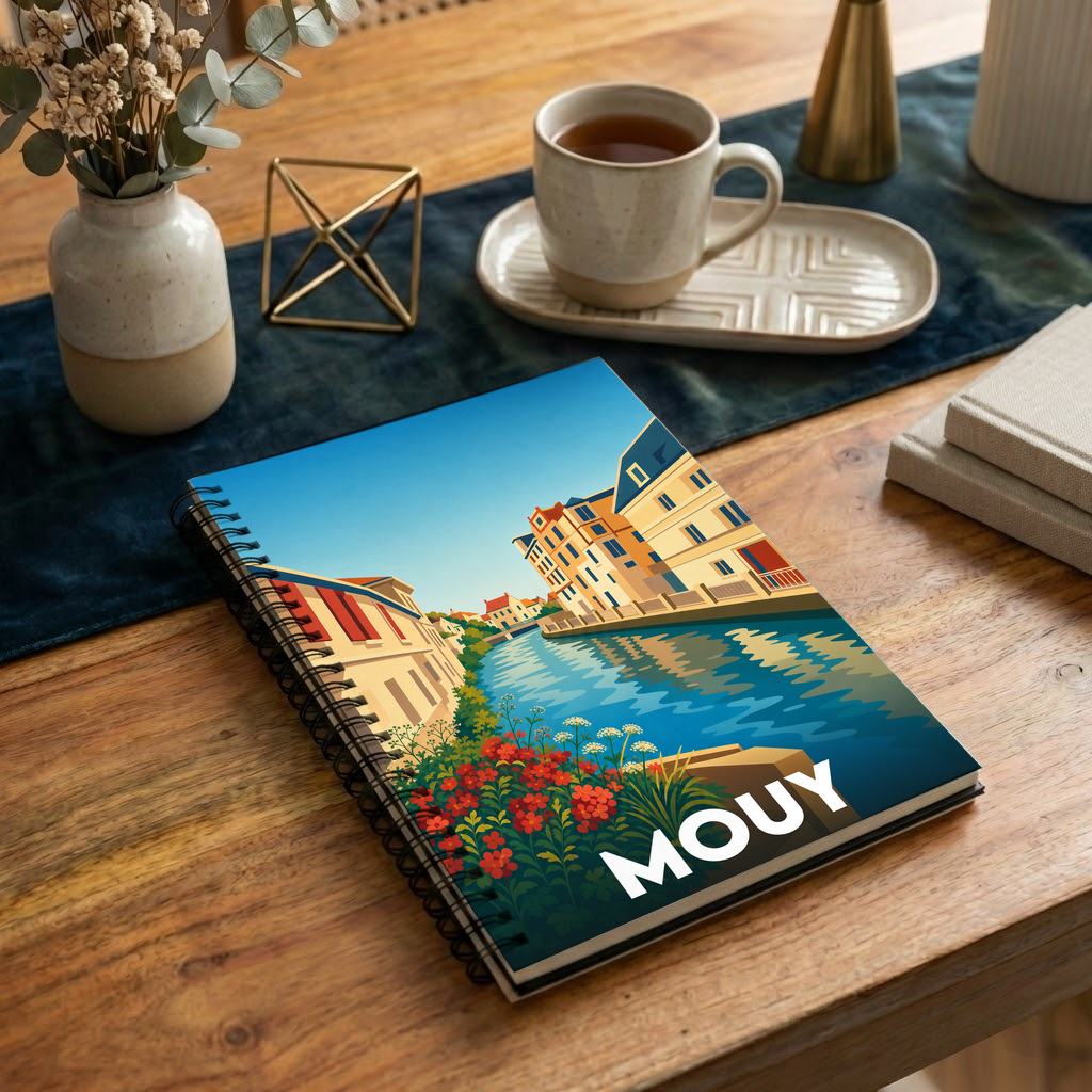 Carnet souvenir de la ville de Mouy avec une illustration stylisée d'un canal bordé de bâtiments.