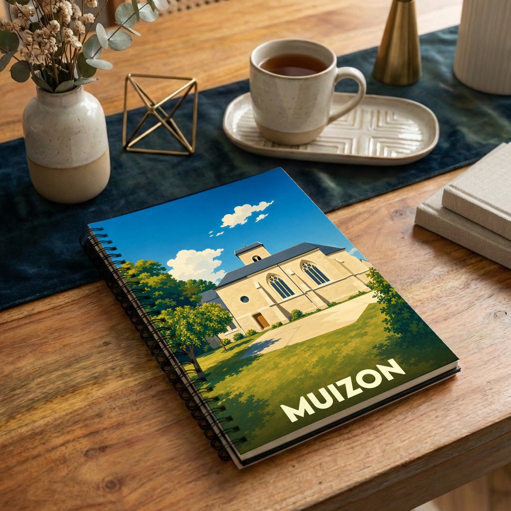 Carnet à spirale souvenir de la ville de Muizon avec une illustration stylisée de son église.