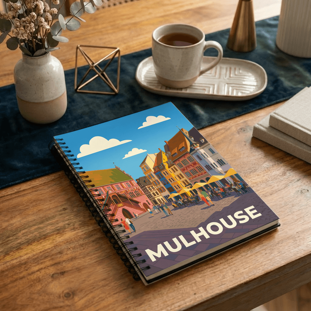 Carnet souvenir de la ville de Mulhouse avec une illustration colorée et stylisée de son centre historique.