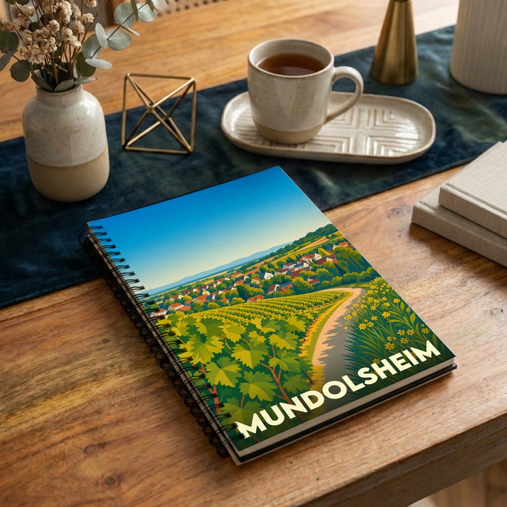Carnet souvenir de la ville de Mundolsheim avec une illustration stylisée de son paysage de vignobles.