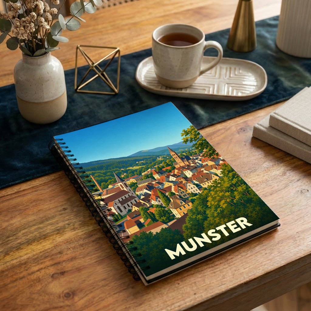 Carnet à spirales souvenir de la ville de Munster avec une illustration stylisée de ses paysages et bâtiments.