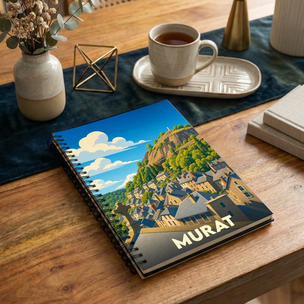 Carnet à spirales souvenir de la ville de Murat avec une illustration stylisée de ses toits et de son rocher.