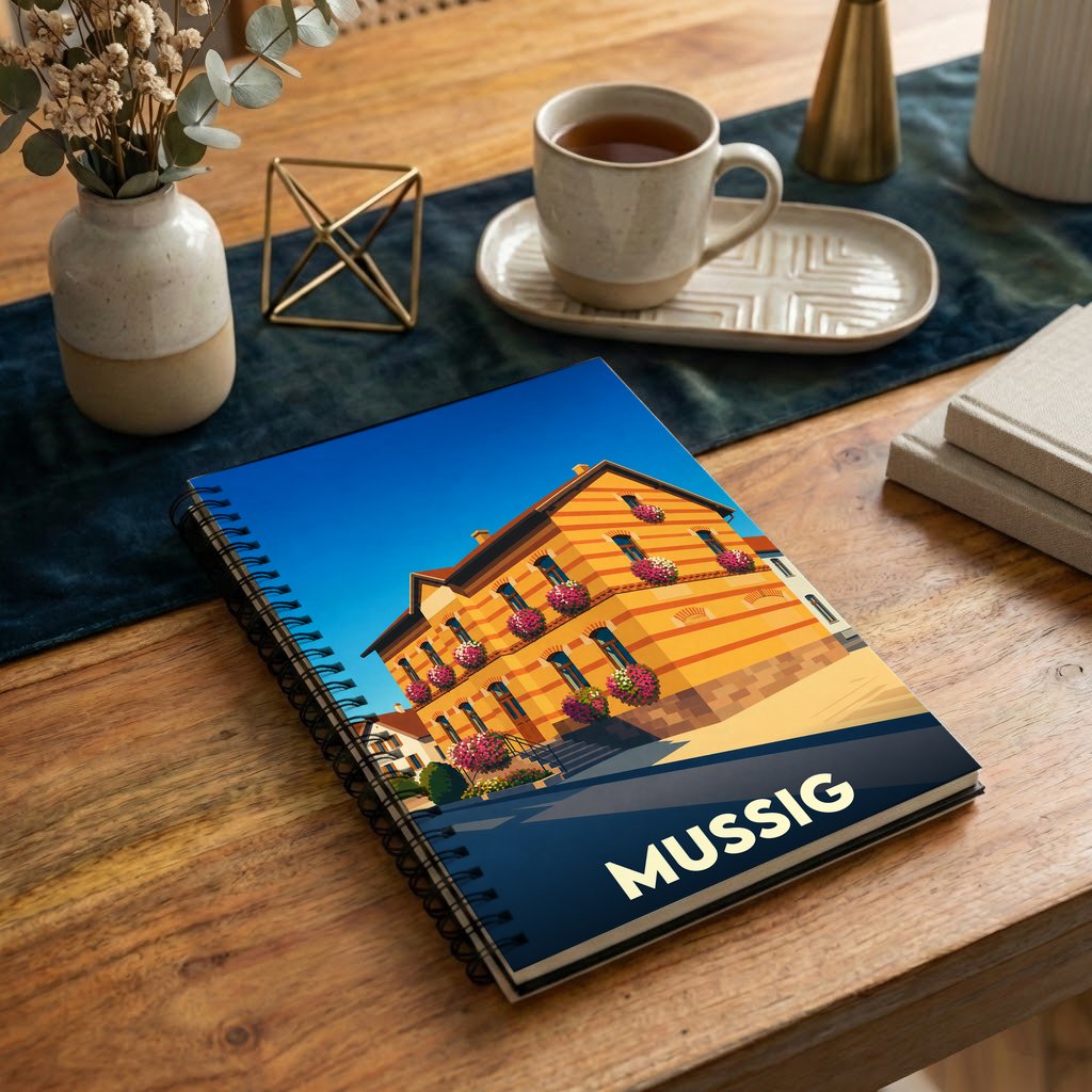 Carnet souvenir de la ville de Mussig avec une illustration stylisée d'un bâtiment traditionnel alsacien.