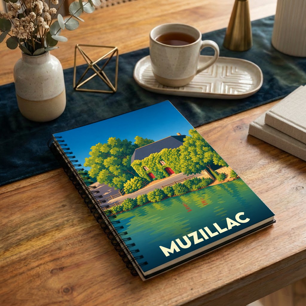 Carnet à spirale souvenir de la ville de Muzillac avec une illustration stylisée d'une maison au bord de l'eau.