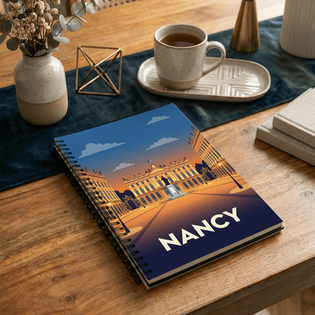 Carnet souvenir de la ville de Nancy avec une illustration stylisée de la place Stanislas.