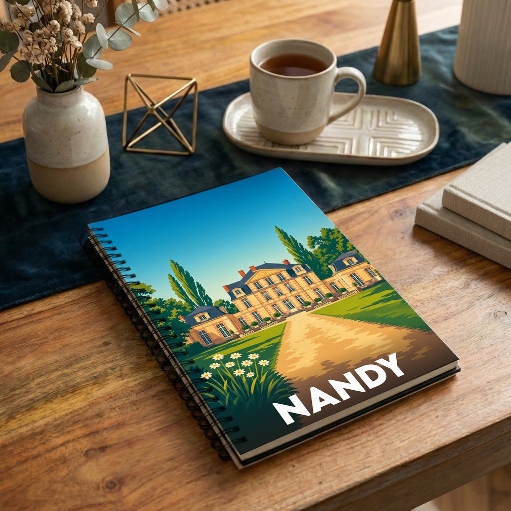 Carnet souvenir de la ville de Nandy avec une illustration stylisée de son château.