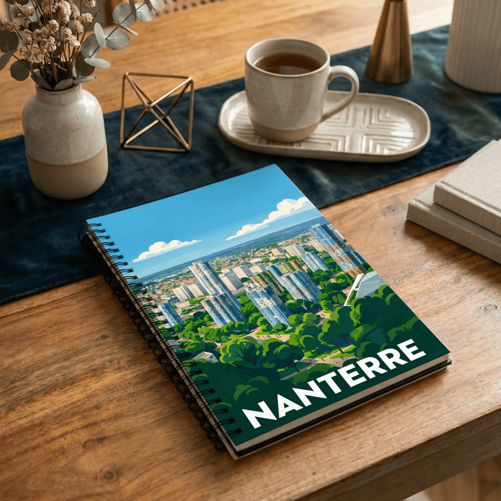 Carnet souvenir de la ville de Nanterre avec une illustration urbaine stylisée et colorée.