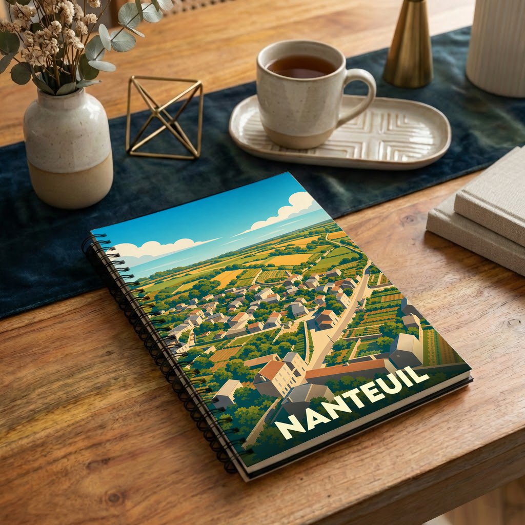 Carnet à spirales souvenir de la ville de Nanteuil orné d'une illustration paysagère stylisée.