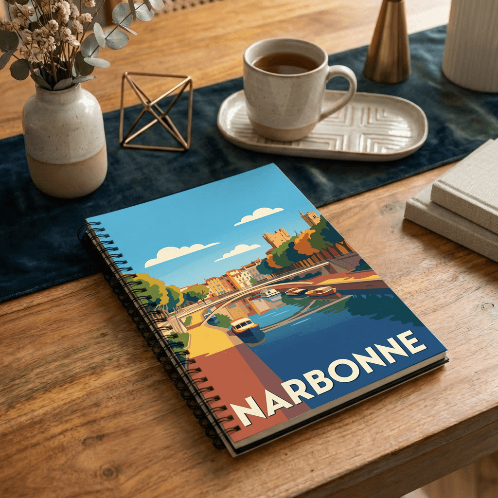 Carnet souvenir de la ville de Narbonne avec une illustration stylisée.