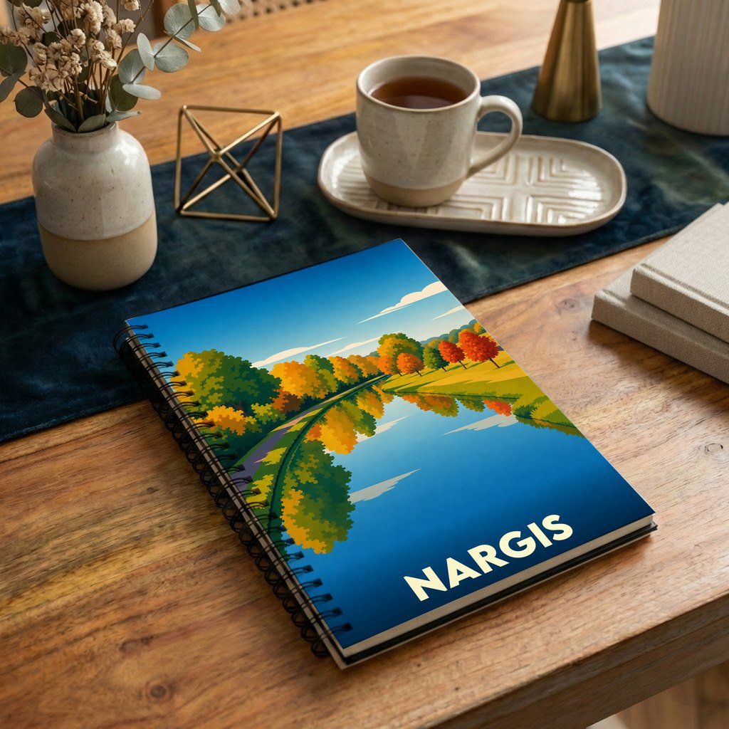Carnet à spirales souvenir de la ville de Nargis avec une illustration de paysage automnal au bord de l'eau.