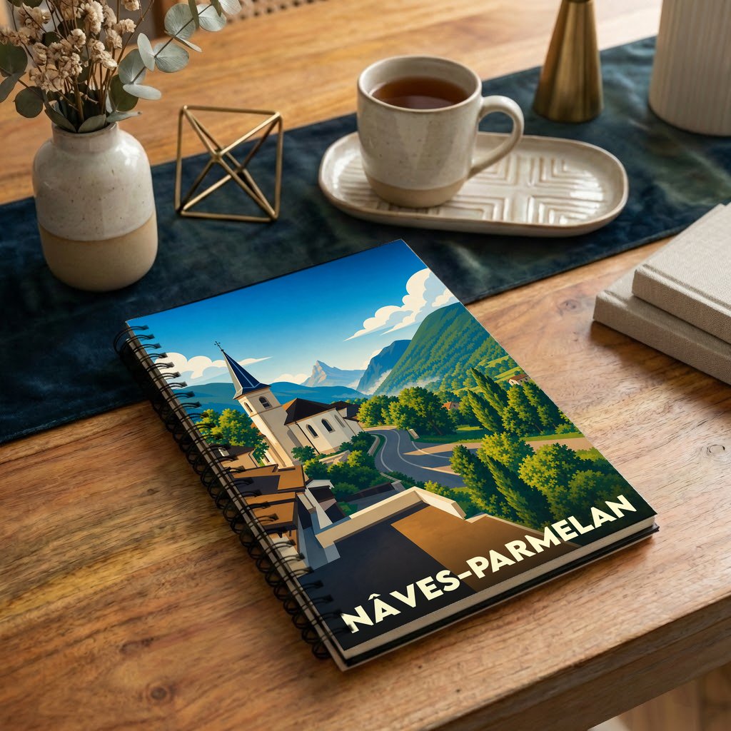 Carnet de notes à spirales souvenir de la ville de Nâves-Parmelan avec une illustration stylisée de paysages montagneux.