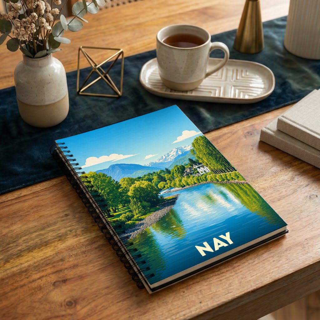 Carnet de notes souvenir de la ville de Nay avec une illustration stylisée de son paysage montagneux.