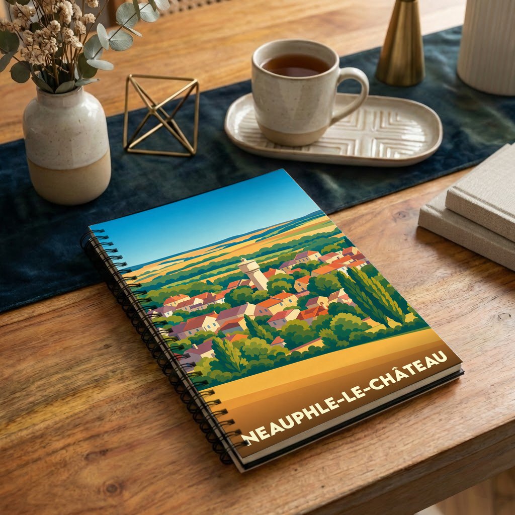 Carnet à spirales souvenir de la ville de Neauphle-le-Château avec une illustration paysagère stylisée.