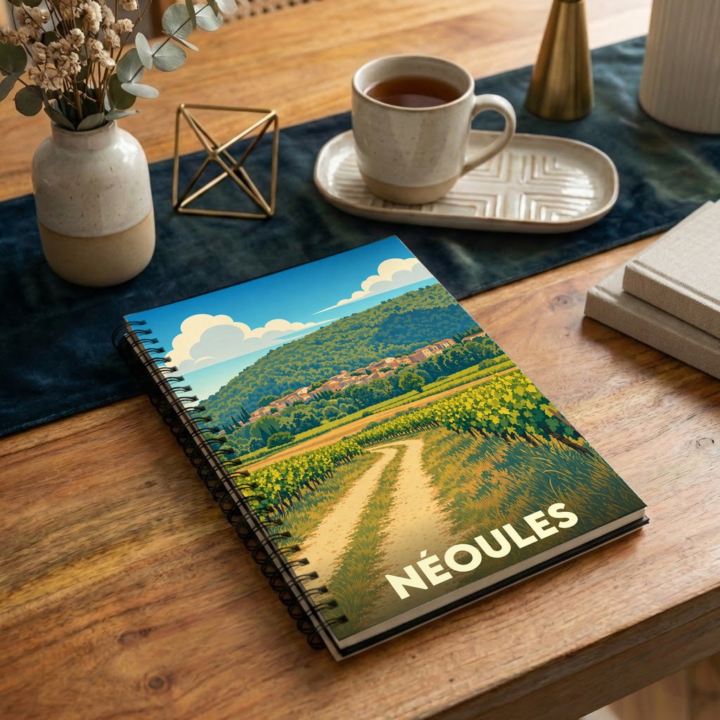 Carnet à spirales souvenir de la ville de Néoules avec une illustration stylisée de son paysage provençal.