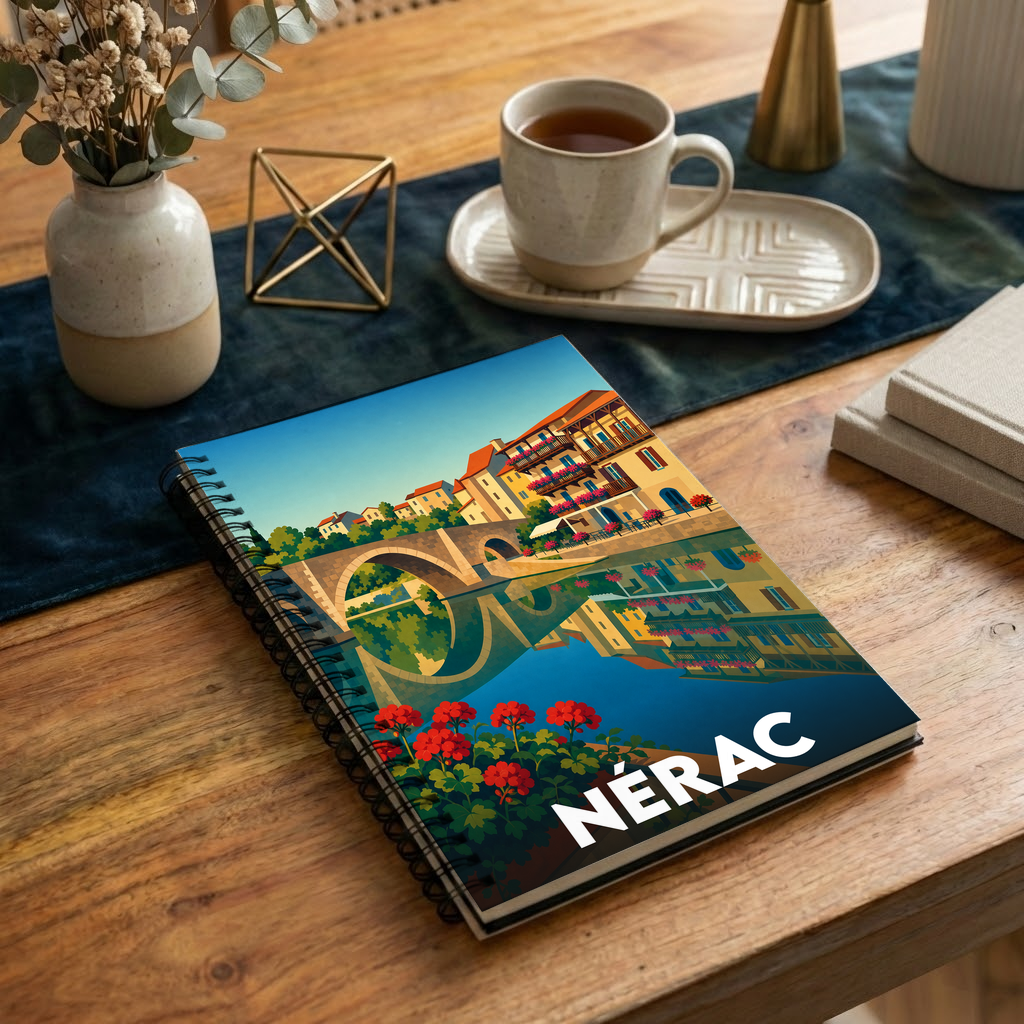 Carnet à spirales souvenir de la ville de Nérac avec une illustration stylisée de son pont et de ses reflets.